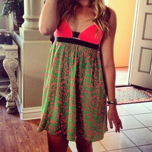 Stylish Pink and Green Patterned Cut Out Women's Dress